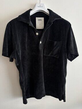 $245 OAS Nearly Black Girona Velour Short Sleeve Towel Resort Polo Shirt -Medium